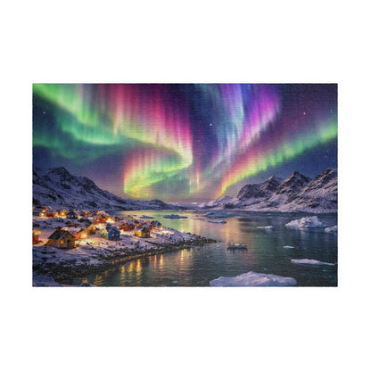 Rainbow Aurora Over Greenland Fjord Puzzle | Northern Lights Arctic Village Jigsaw