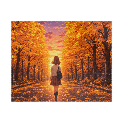 Golden Ginkgo Walk at Sunset Puzzle | Anime Autumn Avenue Jigsaw
