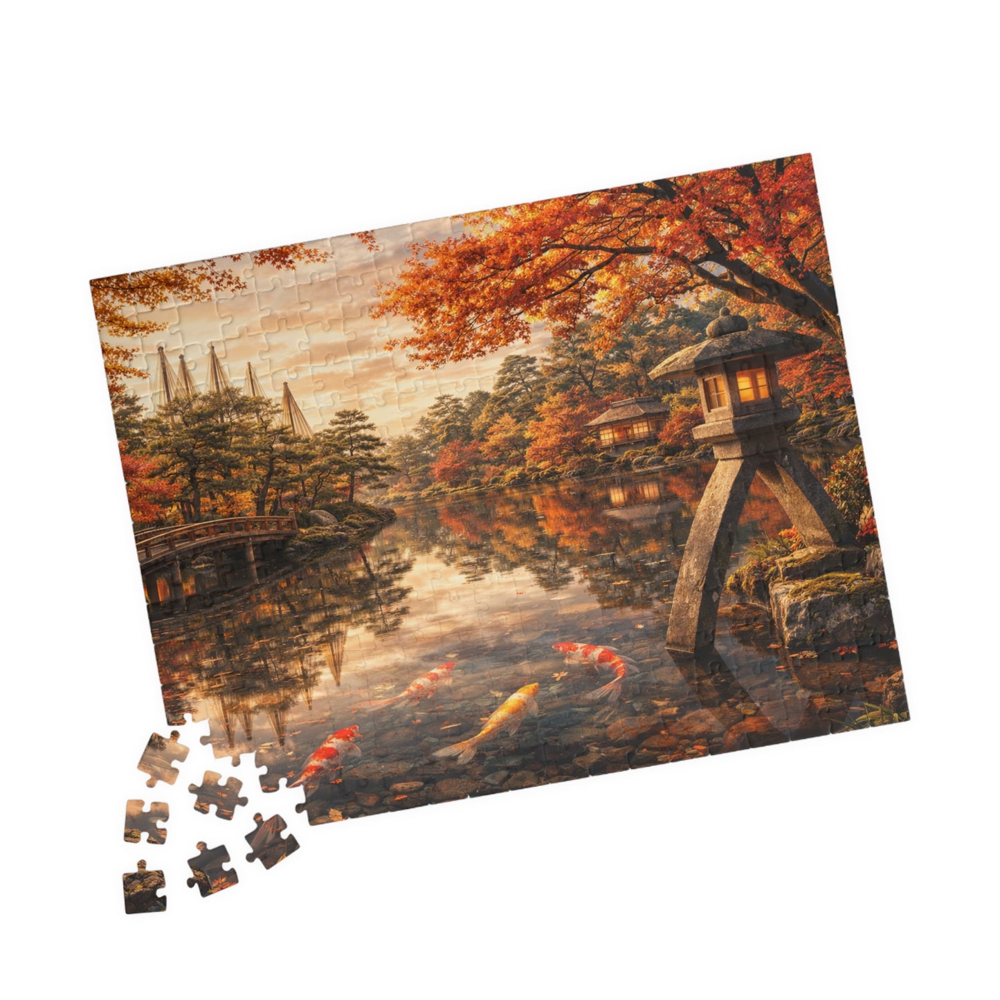Autumn Koi Pond Puzzle  Japanese Garden, Stone Lantern & Maple Reflections  520 or 1014 Piece Scenic Jigsaw