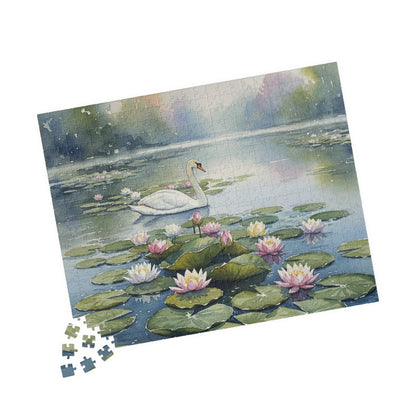 Swan on Lily Pond Puzzle | 520 Piece Jigsaw, Watercolor Swan Scene