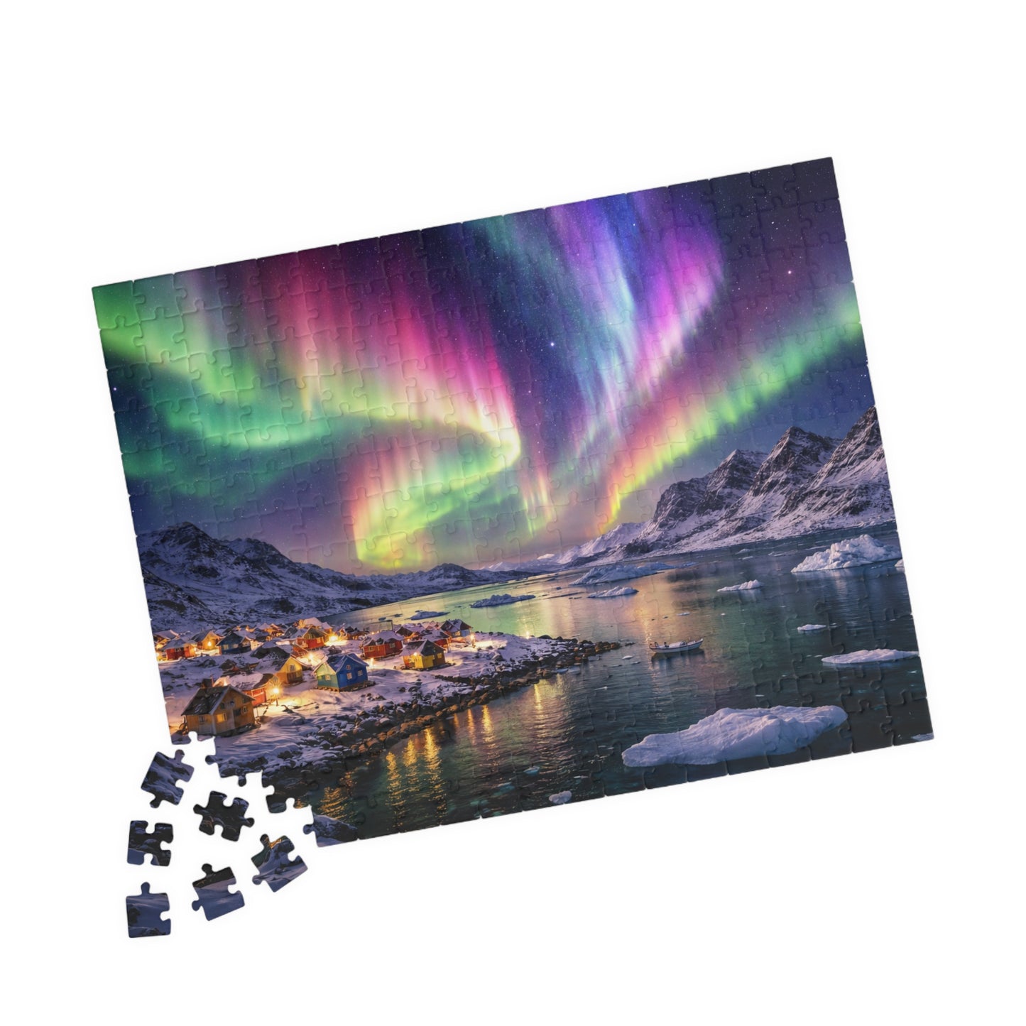 Rainbow Aurora Over Greenland Fjord Puzzle | Northern Lights Arctic Village Jigsaw