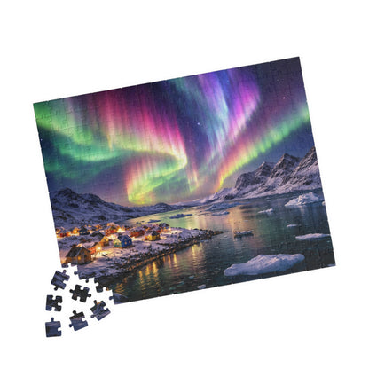 Rainbow Aurora Over Greenland Fjord Puzzle | Northern Lights Arctic Village Jigsaw