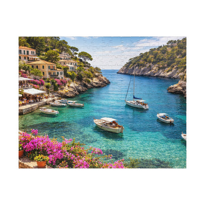 Mediterranean Cove Boats Puzzle | Turquoise Bay Coastal Village Jigsaw