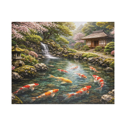 Premium Japanese Koi Pond Garden Puzzle - Cherry Blossoms Teahouse & Waterfall Landscape Jigsaw