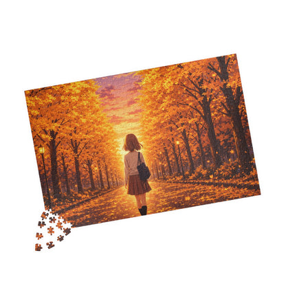 Golden Ginkgo Walk at Sunset Puzzle | Anime Autumn Avenue Jigsaw