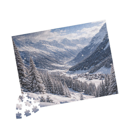 Alpine Snowfall Valley Puzzle | Winter Mountain Panorama Jigsaw