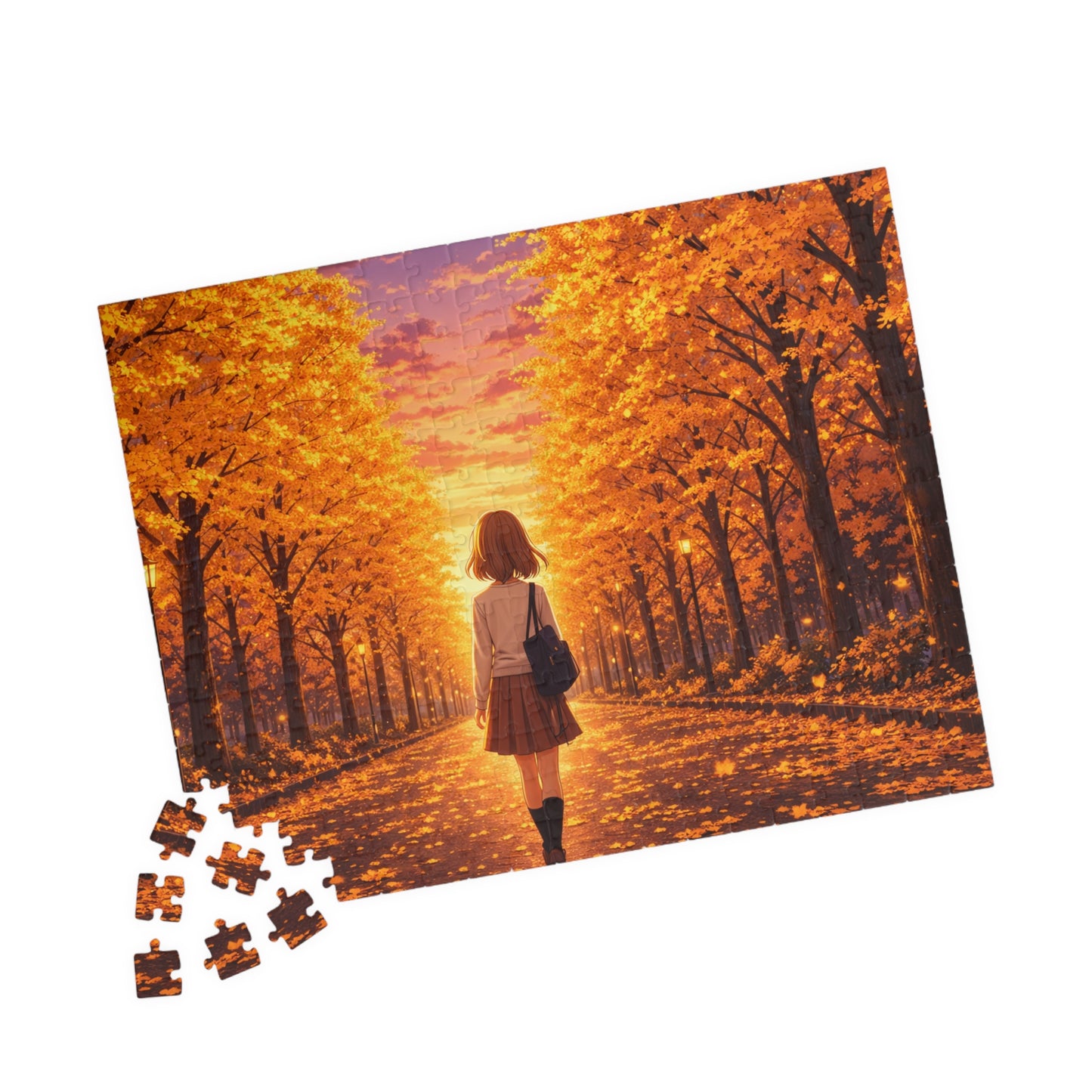Golden Ginkgo Walk at Sunset Puzzle | Anime Autumn Avenue Jigsaw