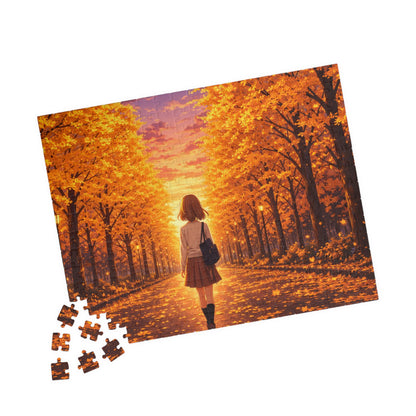Golden Ginkgo Walk at Sunset Puzzle | Anime Autumn Avenue Jigsaw