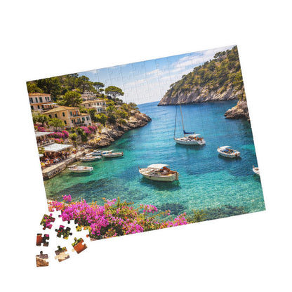 Mediterranean Cove Boats Puzzle | Turquoise Bay Coastal Village Jigsaw