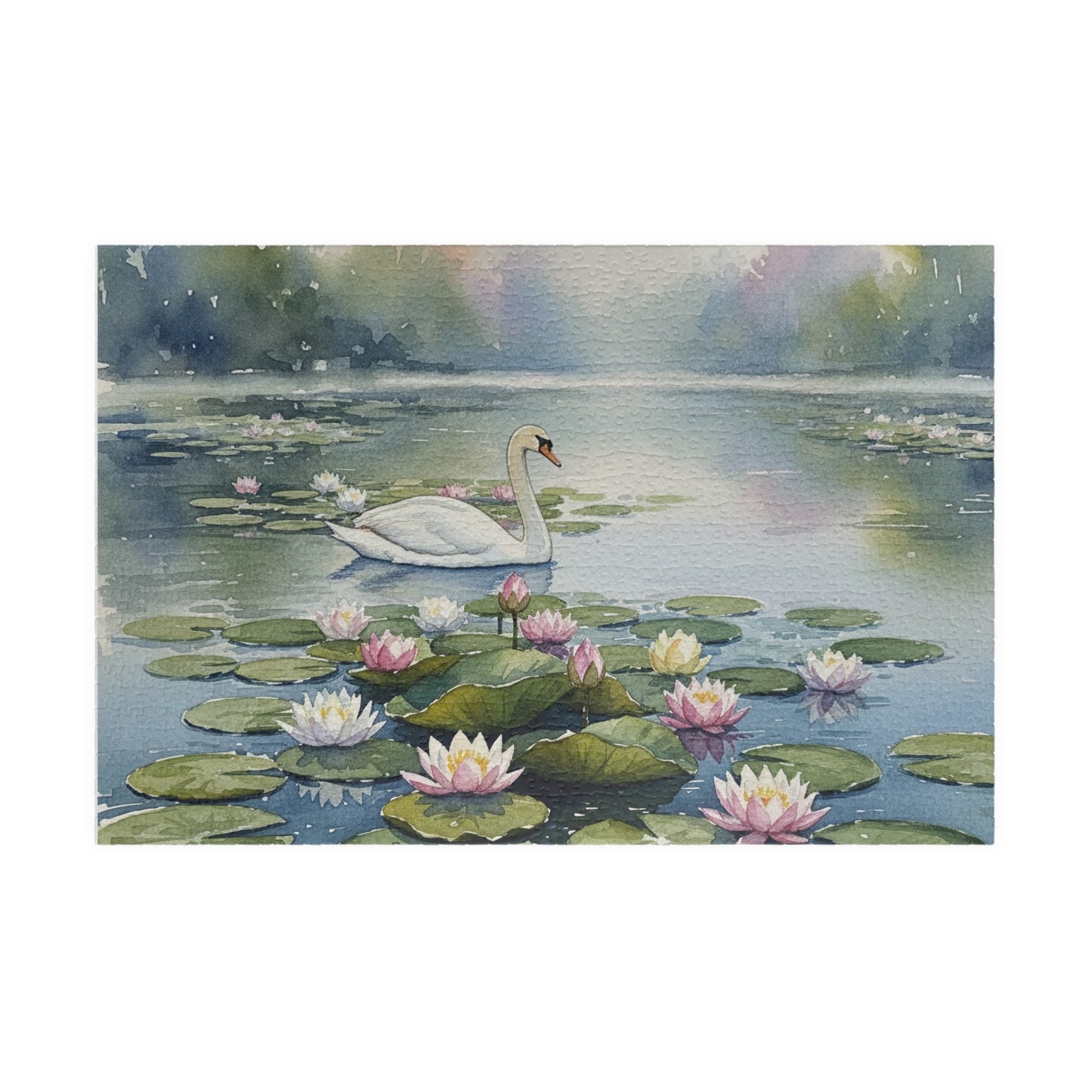 Swan on Lily Pond Puzzle | 520 Piece Jigsaw, Watercolor Swan Scene
