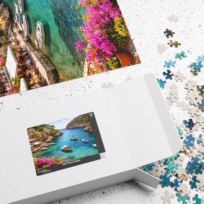 Mediterranean Cove Boats Puzzle | Turquoise Bay Coastal Village Jigsaw