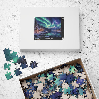 Northern Lights Cabin Puzzle | Aurora Borealis Lake Scene 520-piece