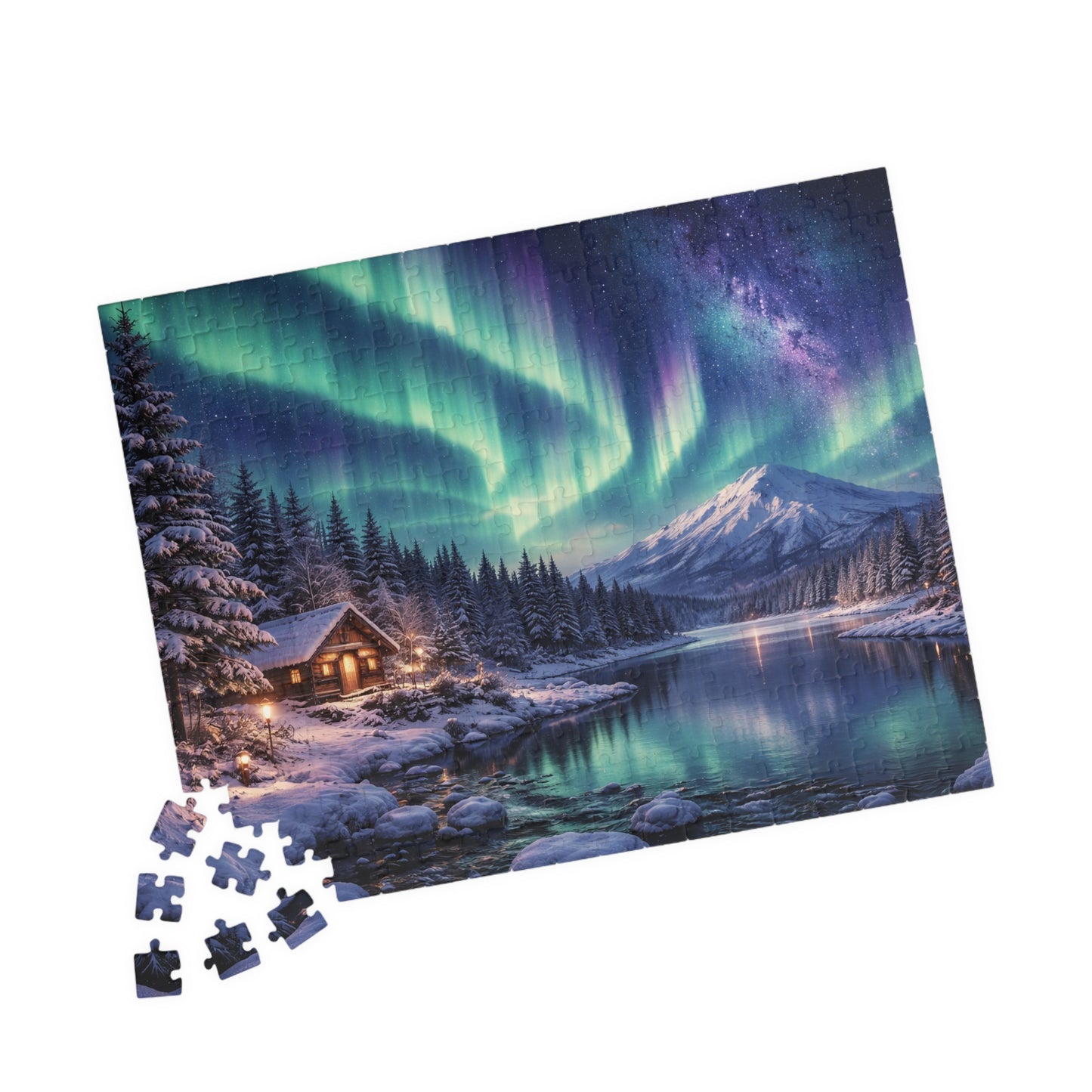 Northern Lights Cabin Puzzle | Aurora Borealis Lake Scene 520-piece