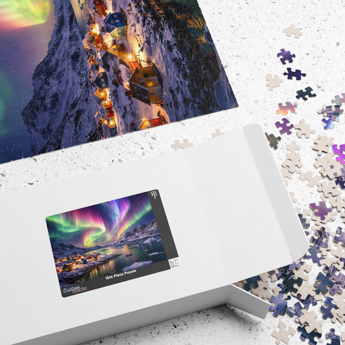 Rainbow Aurora Over Greenland Fjord Puzzle | Northern Lights Arctic Village Jigsaw