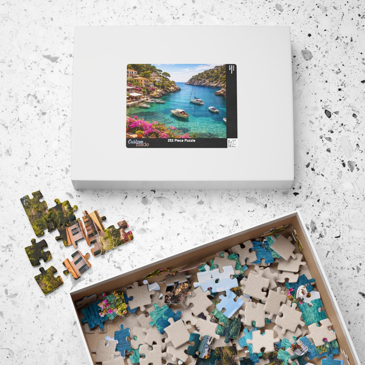 Mediterranean Cove Boats Puzzle | Turquoise Bay Coastal Village Jigsaw