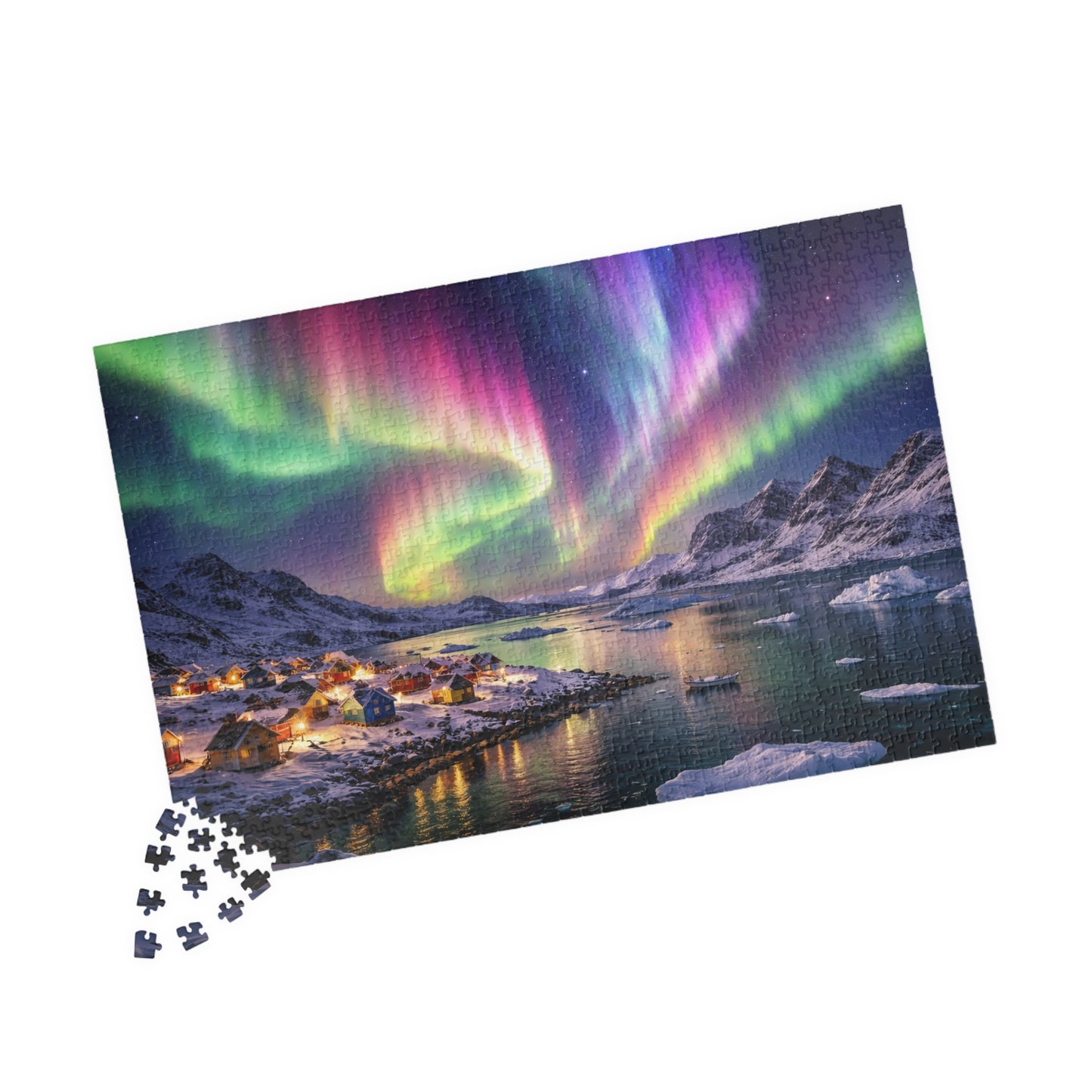 Rainbow Aurora Over Greenland Fjord Puzzle | Northern Lights Arctic Village Jigsaw