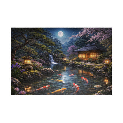Moonlit Koi Pond Puzzle  Japanese Garden Night, Lanterns Waterfall & Sakura  110-1000 Piece Jigsaw