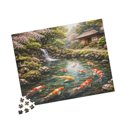 Premium Japanese Koi Pond Garden Puzzle - Cherry Blossoms Teahouse & Waterfall Landscape Jigsaw