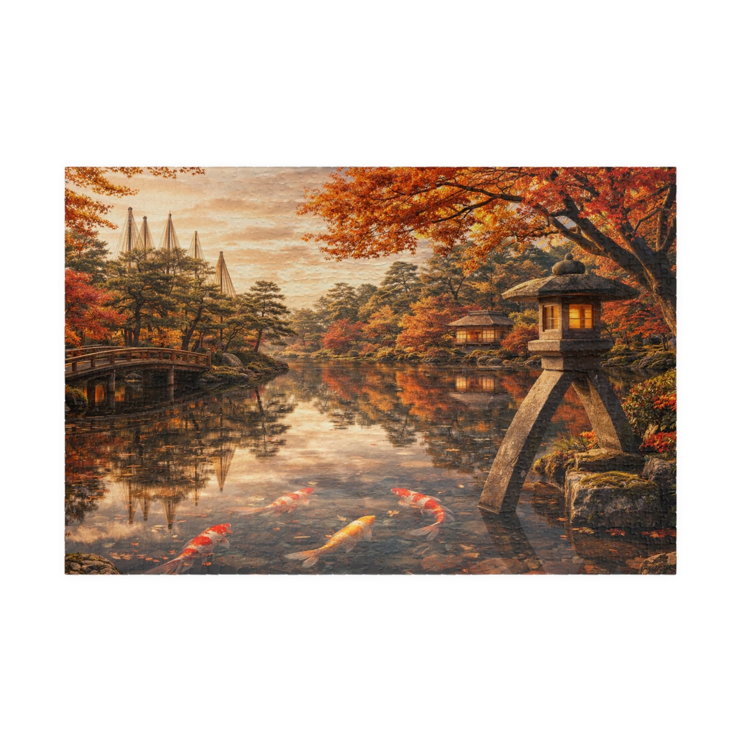 Autumn Koi Pond Puzzle  Japanese Garden, Stone Lantern & Maple Reflections  520 or 1014 Piece Scenic Jigsaw