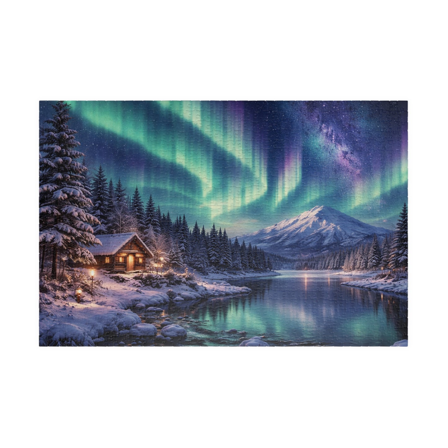 Northern Lights Cabin Puzzle | Aurora Borealis Lake Scene 520-piece