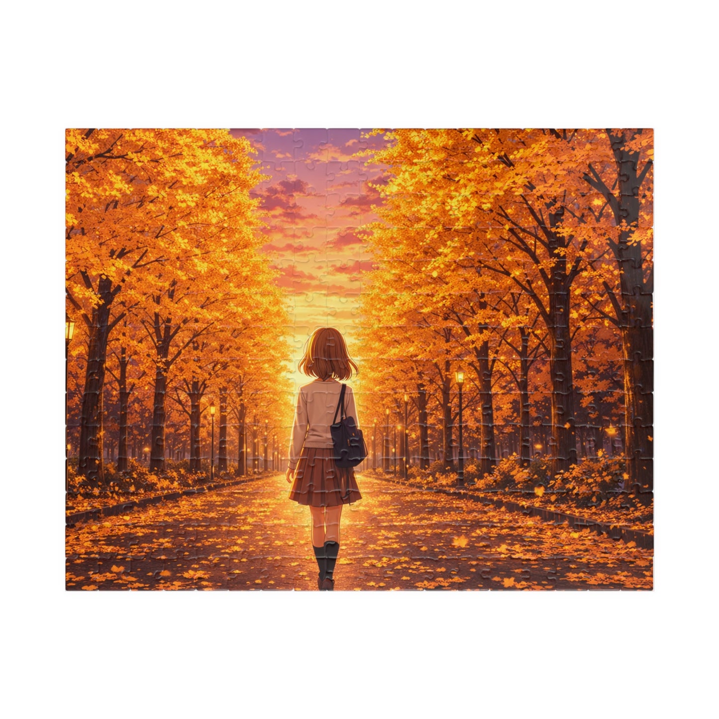 Golden Ginkgo Walk at Sunset Puzzle | Anime Autumn Avenue Jigsaw
