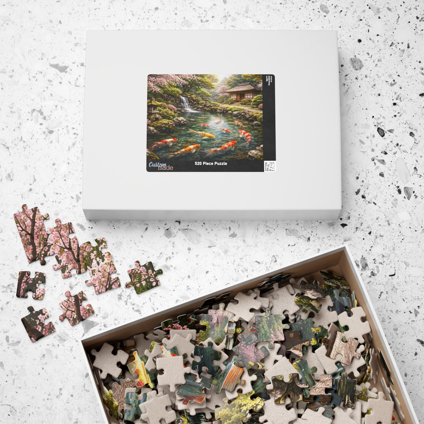 Premium Japanese Koi Pond Garden Puzzle - Cherry Blossoms Teahouse & Waterfall Landscape Jigsaw