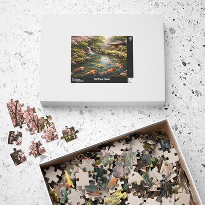 Premium Japanese Koi Pond Garden Puzzle - Cherry Blossoms Teahouse & Waterfall Landscape Jigsaw
