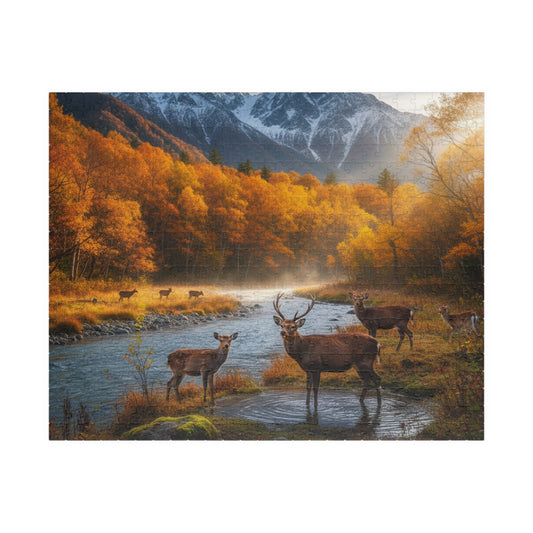 Autumn Mountain Deer Puzzle 520 Piece | Scenic River Forest Jigsaw