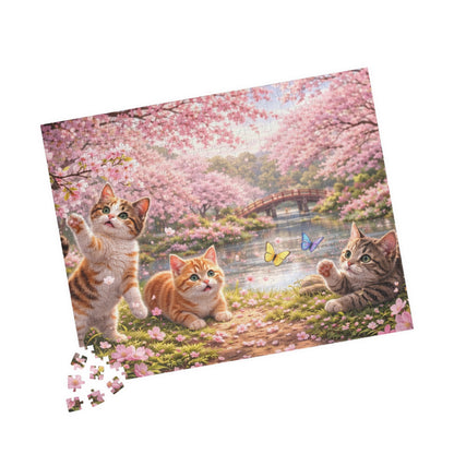 Sakura Kittens by the River Puzzle | Cherry Blossom Cats & Butterflies Spring Jigsaw