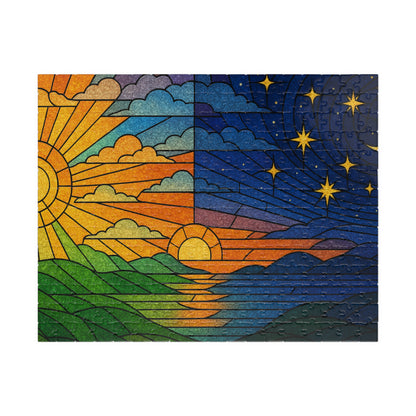 Sun and Moon Landscape Puzzle | Day Night Stained Glass 520-Piece Jigsaw