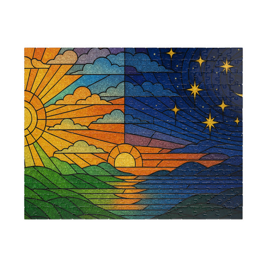 Sun and Moon Landscape Puzzle | Day Night Stained Glass 520-Piece Jigsaw