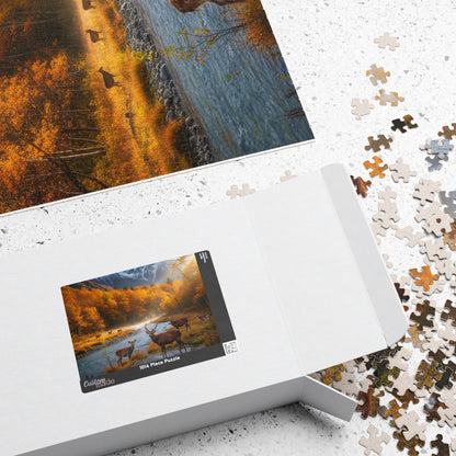 Autumn Mountain Deer Puzzle 520 Piece | Scenic River Forest Jigsaw