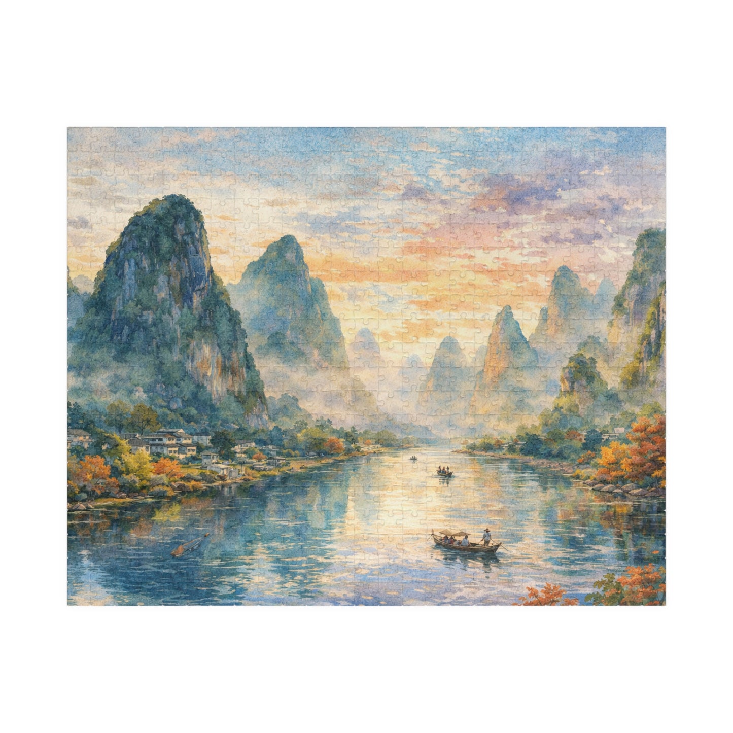 Misty Karst River Sunrise Puzzle | Watercolor Landscape Jigsaw