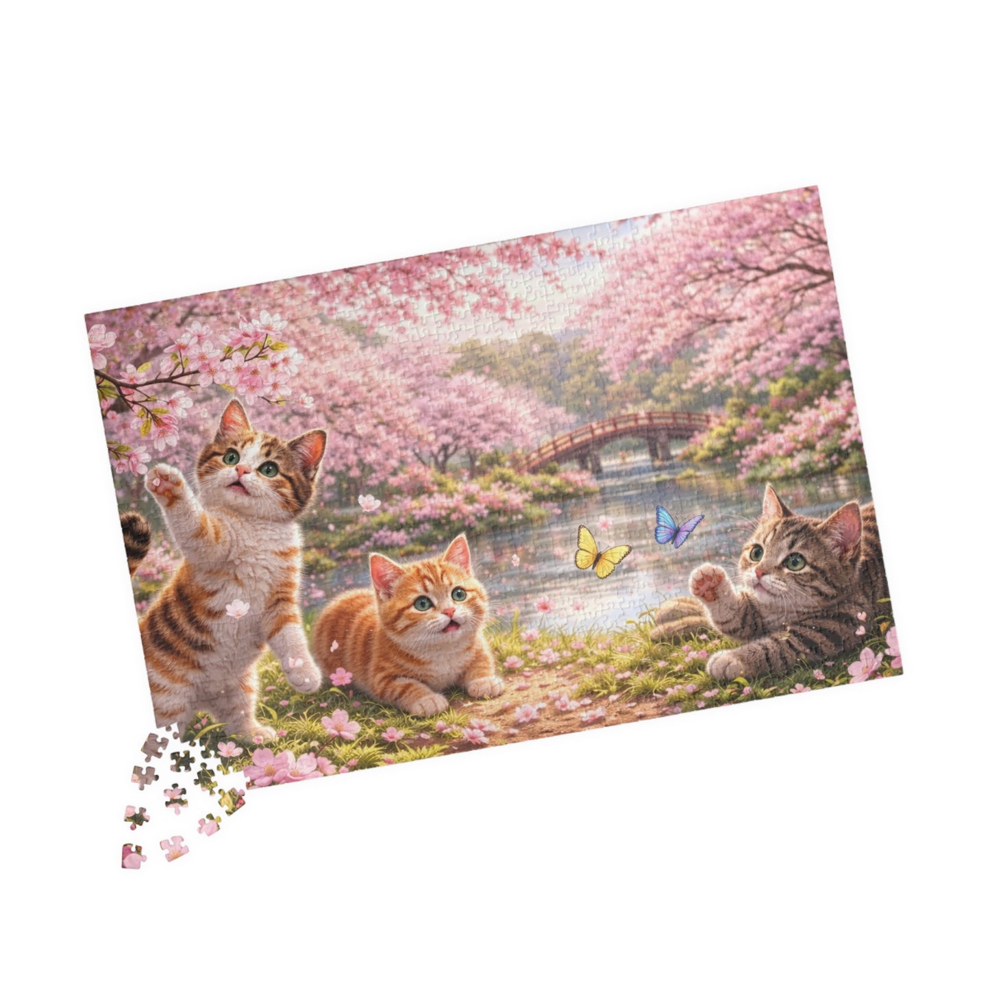 Sakura Kittens by the River Puzzle | Cherry Blossom Cats & Butterflies Spring Jigsaw