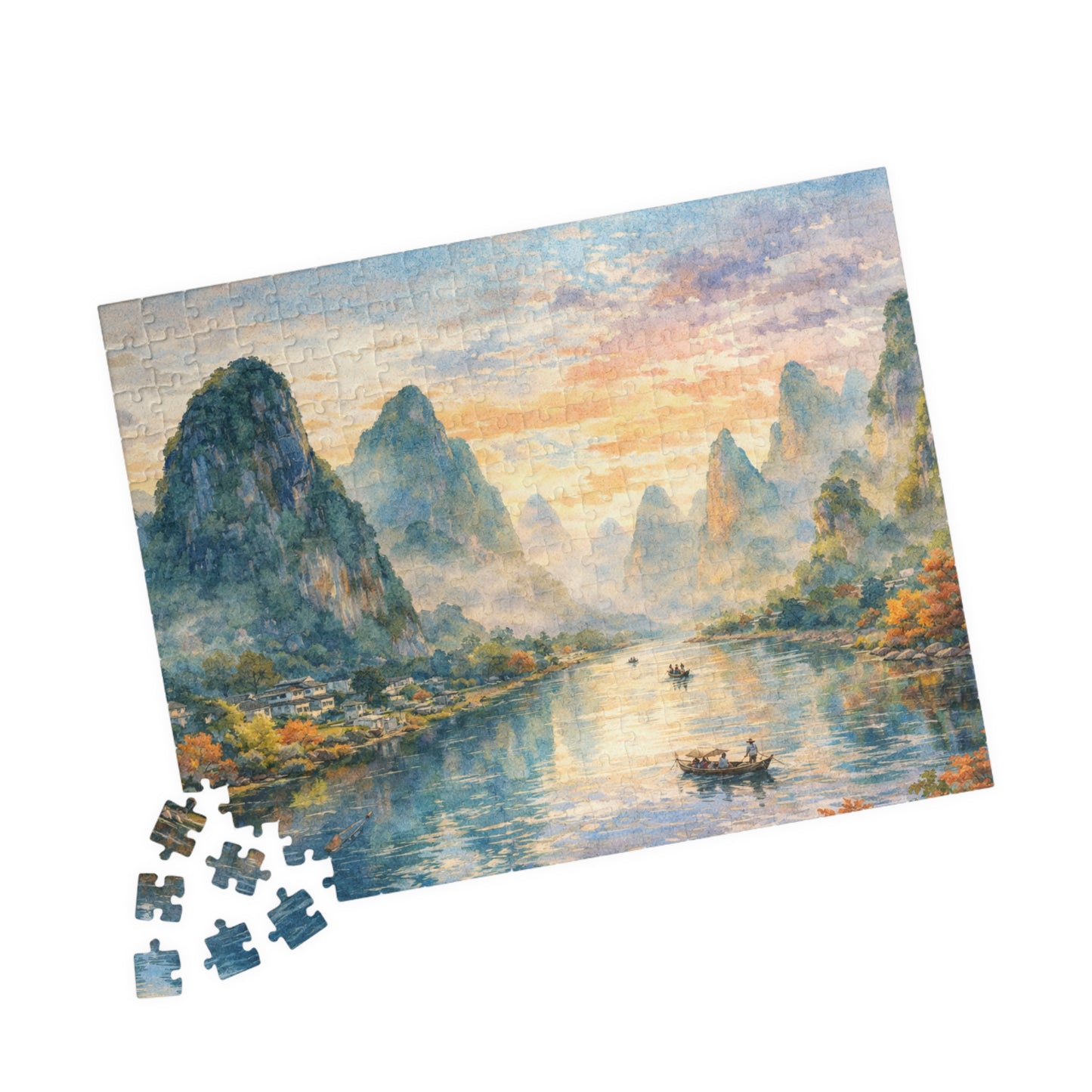 Misty Karst River Sunrise Puzzle | Watercolor Landscape Jigsaw