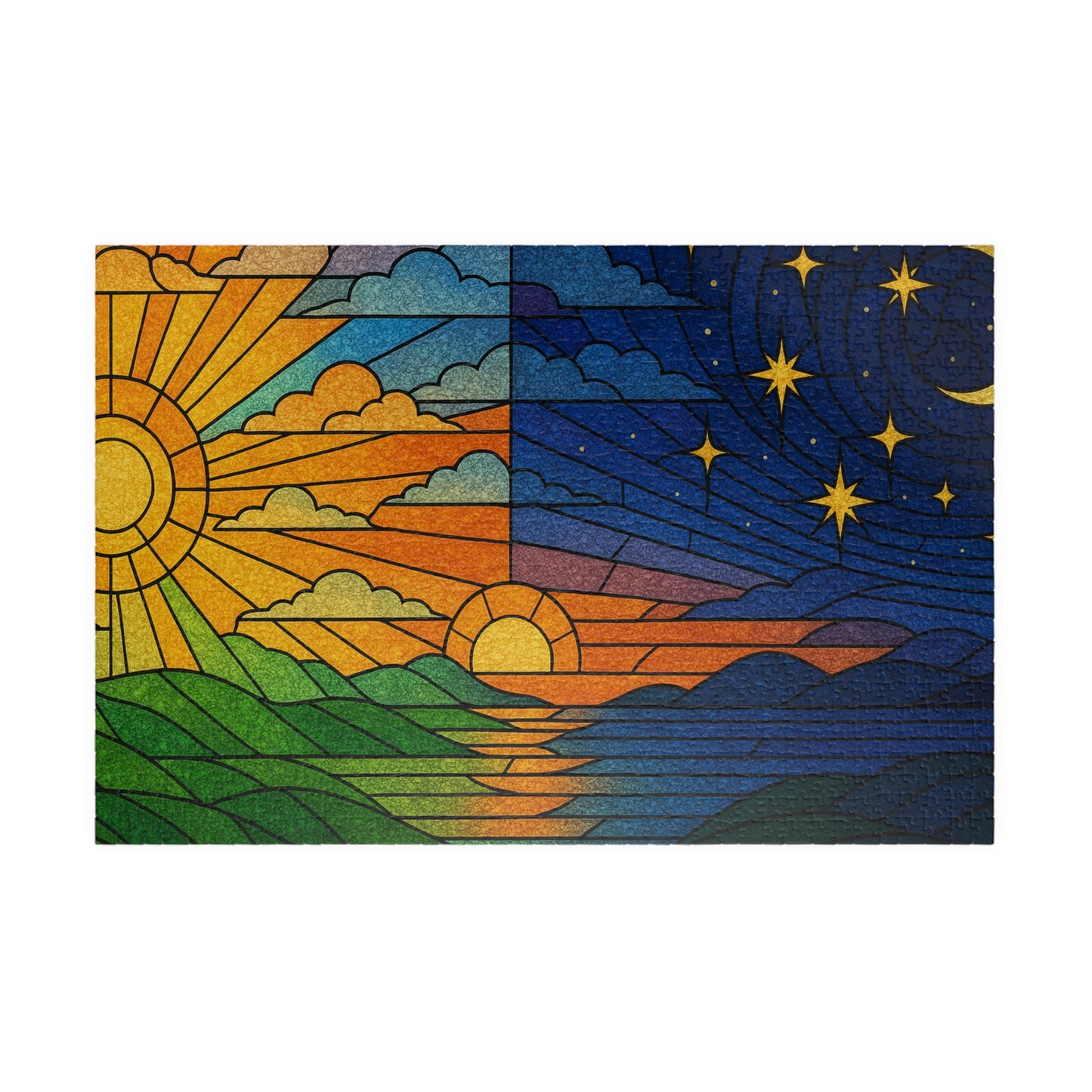 Sun and Moon Landscape Puzzle | Day Night Stained Glass 520-Piece Jigsaw