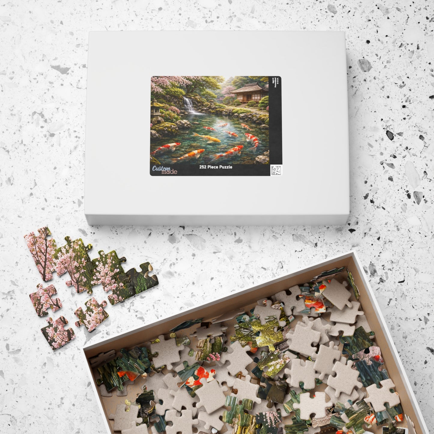 Premium Japanese Koi Pond Garden Puzzle - Cherry Blossoms Teahouse & Waterfall Landscape Jigsaw