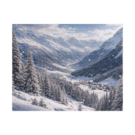 Alpine Snowfall Valley Puzzle | Winter Mountain Panorama Jigsaw