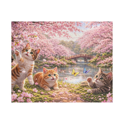 Sakura Kittens by the River Puzzle | Cherry Blossom Cats & Butterflies Spring Jigsaw