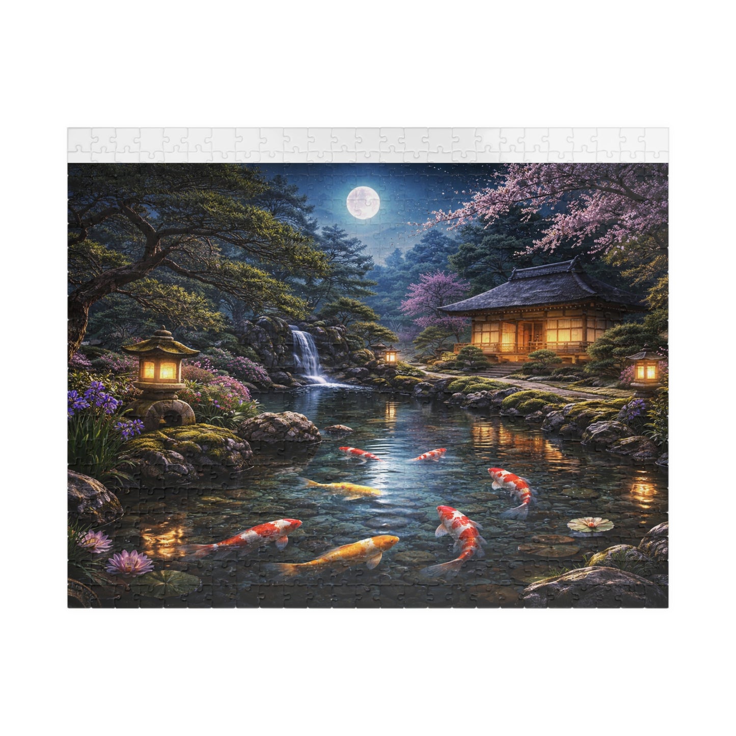 Moonlit Koi Pond Puzzle  Japanese Garden Night, Lanterns Waterfall & Sakura  110-1000 Piece Jigsaw