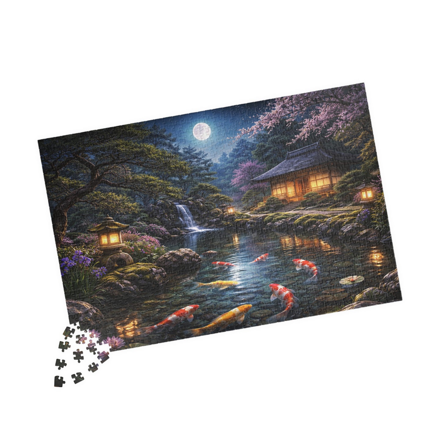 Moonlit Koi Pond Puzzle  Japanese Garden Night, Lanterns Waterfall & Sakura  110-1000 Piece Jigsaw