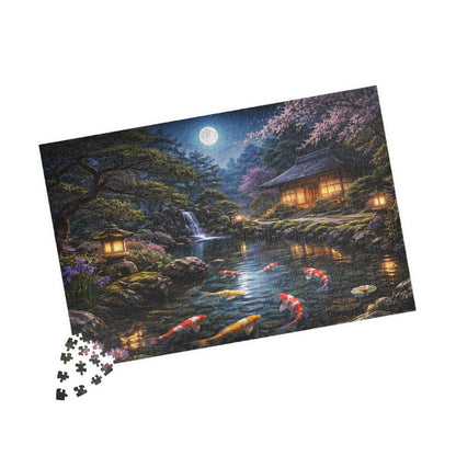 Moonlit Koi Pond Puzzle  Japanese Garden Night, Lanterns Waterfall & Sakura  110-1000 Piece Jigsaw