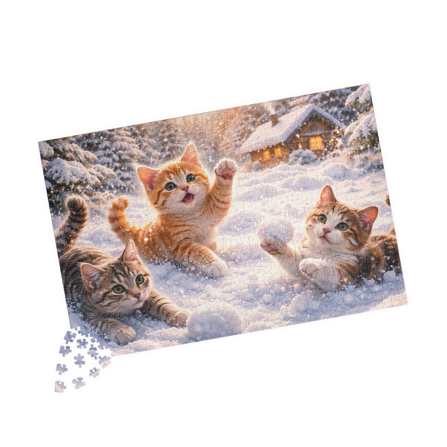 Snowy Kittens at the Cozy Cabin Puzzle  Winter Cats Jigsaw 110 - 1014 Pieces