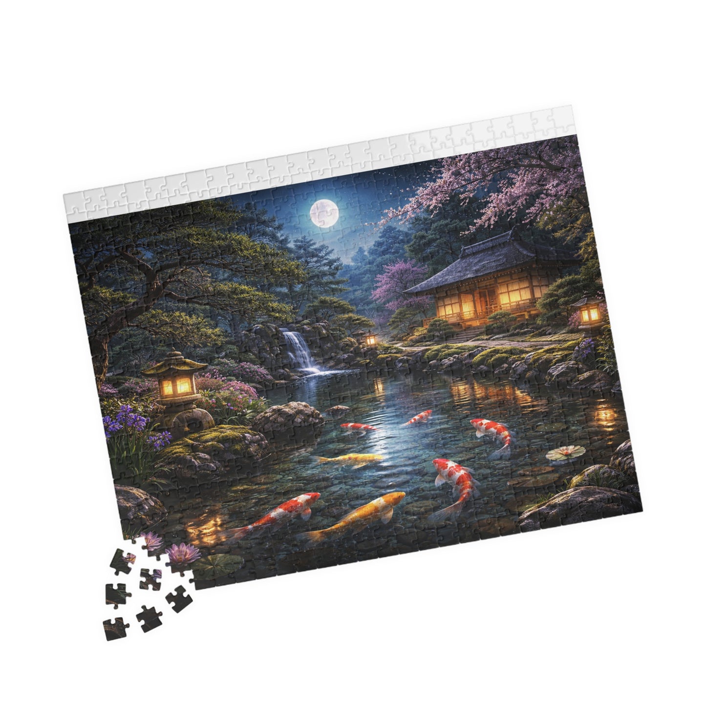 Moonlit Koi Pond Puzzle  Japanese Garden Night, Lanterns Waterfall & Sakura  110-1000 Piece Jigsaw