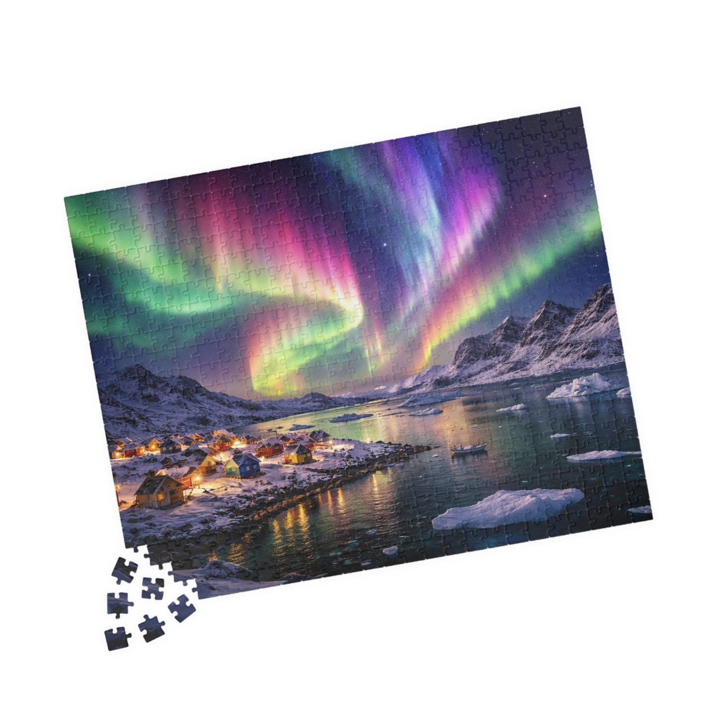 Rainbow Aurora Over Greenland Fjord Puzzle | Northern Lights Arctic Village Jigsaw