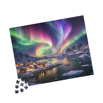 Rainbow Aurora Over Greenland Fjord Puzzle | Northern Lights Arctic Village Jigsaw